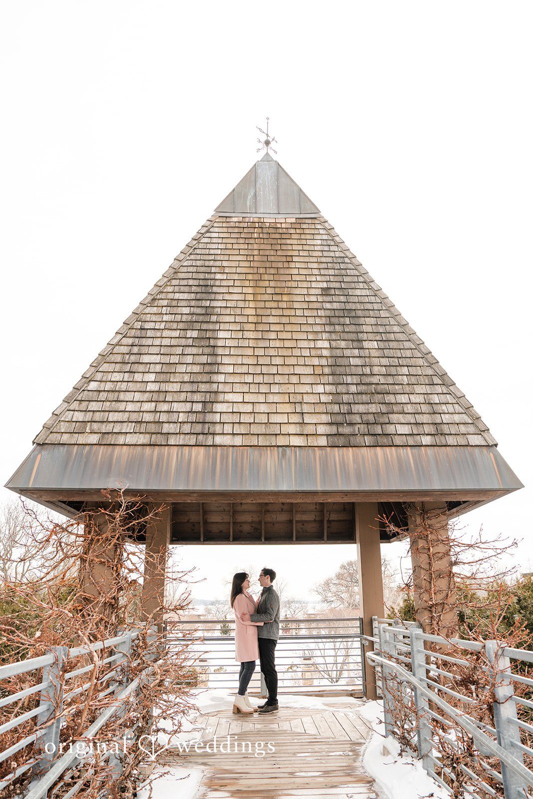 Romantic moment of a couple with a scenic winter backdrop at Olbrich Gardens
