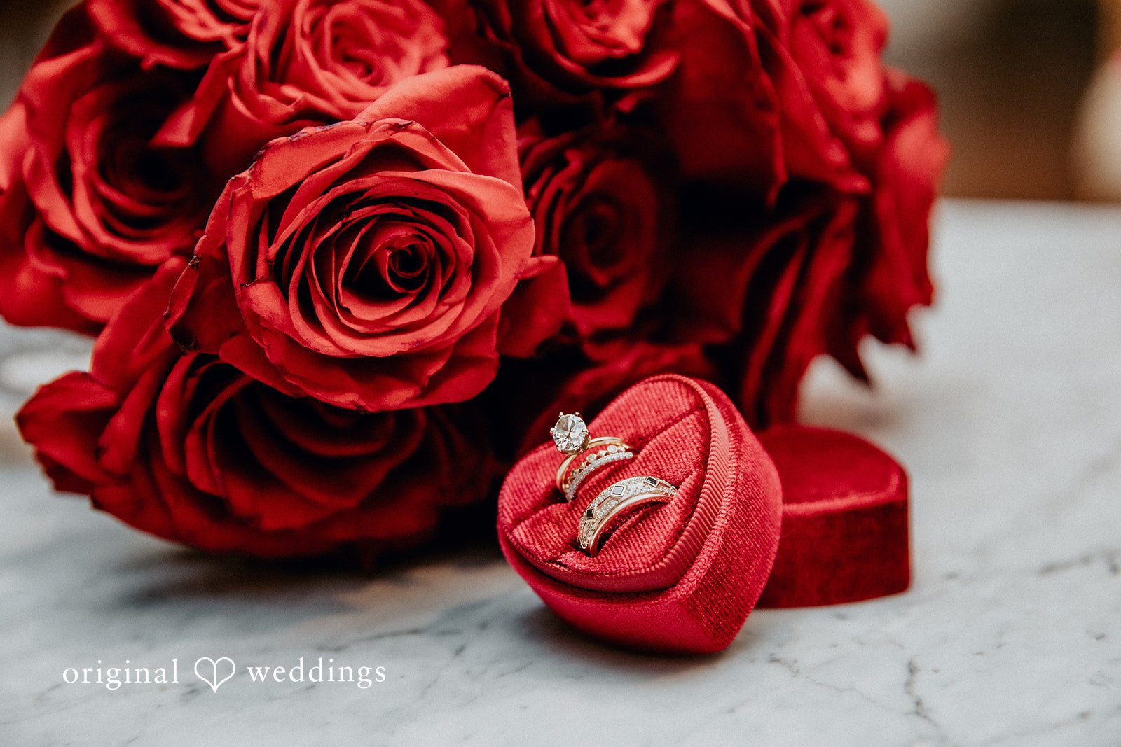 Red roses and wedding rings detail shot