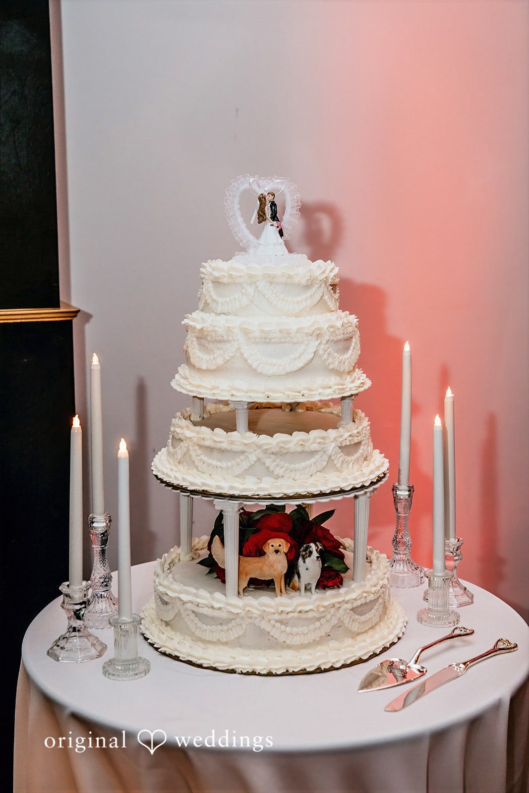 Elegant multi-tier white wedding cake display