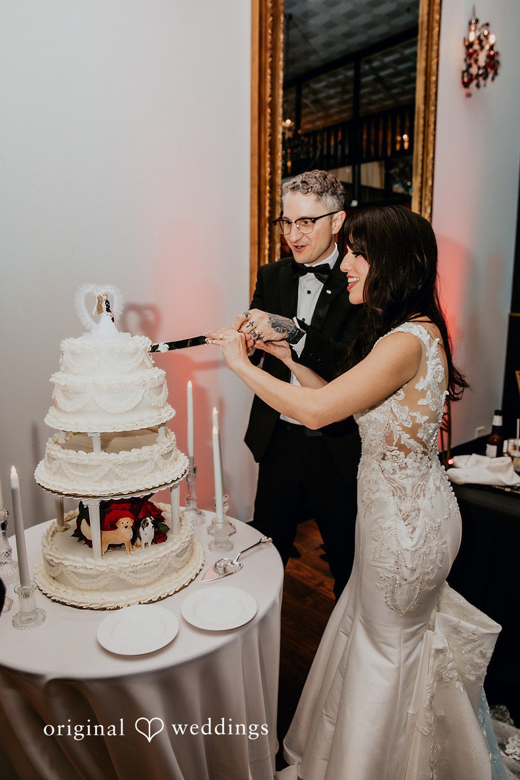 Cake cutting moment at the wedding reception