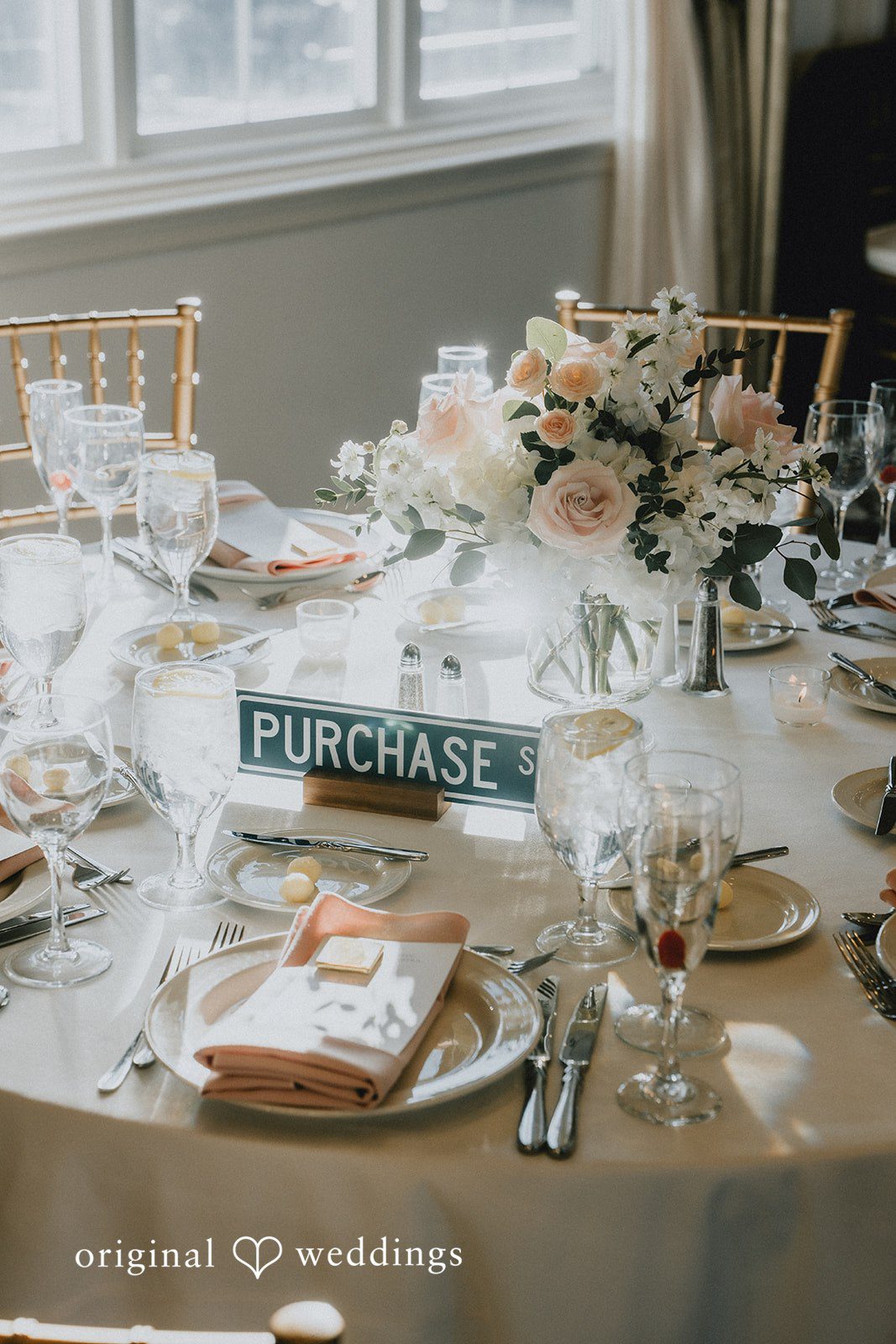 Brooklynn + Adam Romantic reception table styling with flowers, glassware and plates