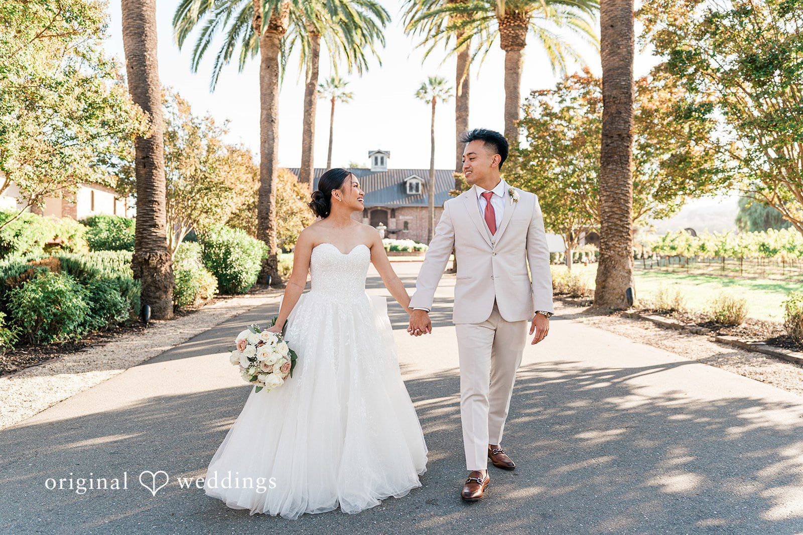Charize Giann + Mark Shou Golden hour couple picture captured beautifully outdoors at Palm Event Center captured by San Francisco wedding photographers from Original Weddings