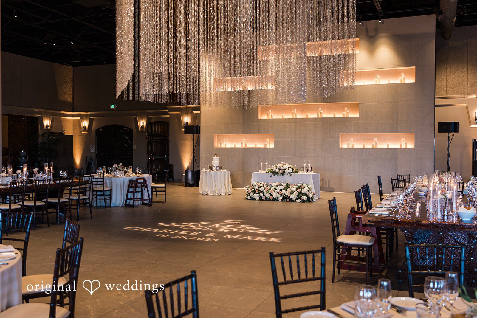 Charize Giann + Mark Shou Luxury wedding venue entrance decorated with romantic floral arrangements at Palm Event Center