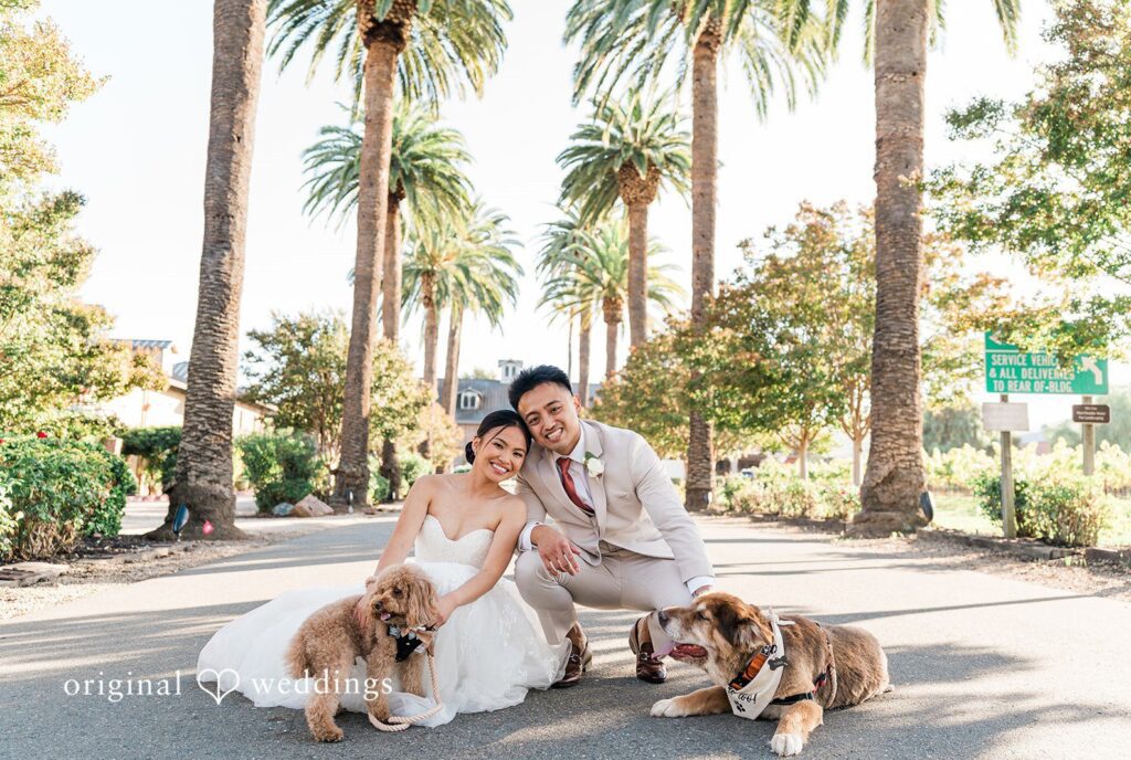Charize Giann + Mark Shou San Francisco Wedding Photographers from Original Weddings capturing the beautiful picture of couple with their dogs at Palm Event Center