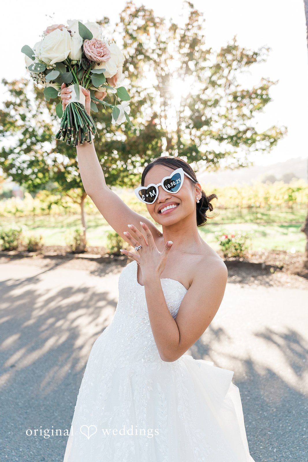 Charize Giann + Mark Shou Fun bridal portrait with wedding bouquet and custom wedding sunglasses