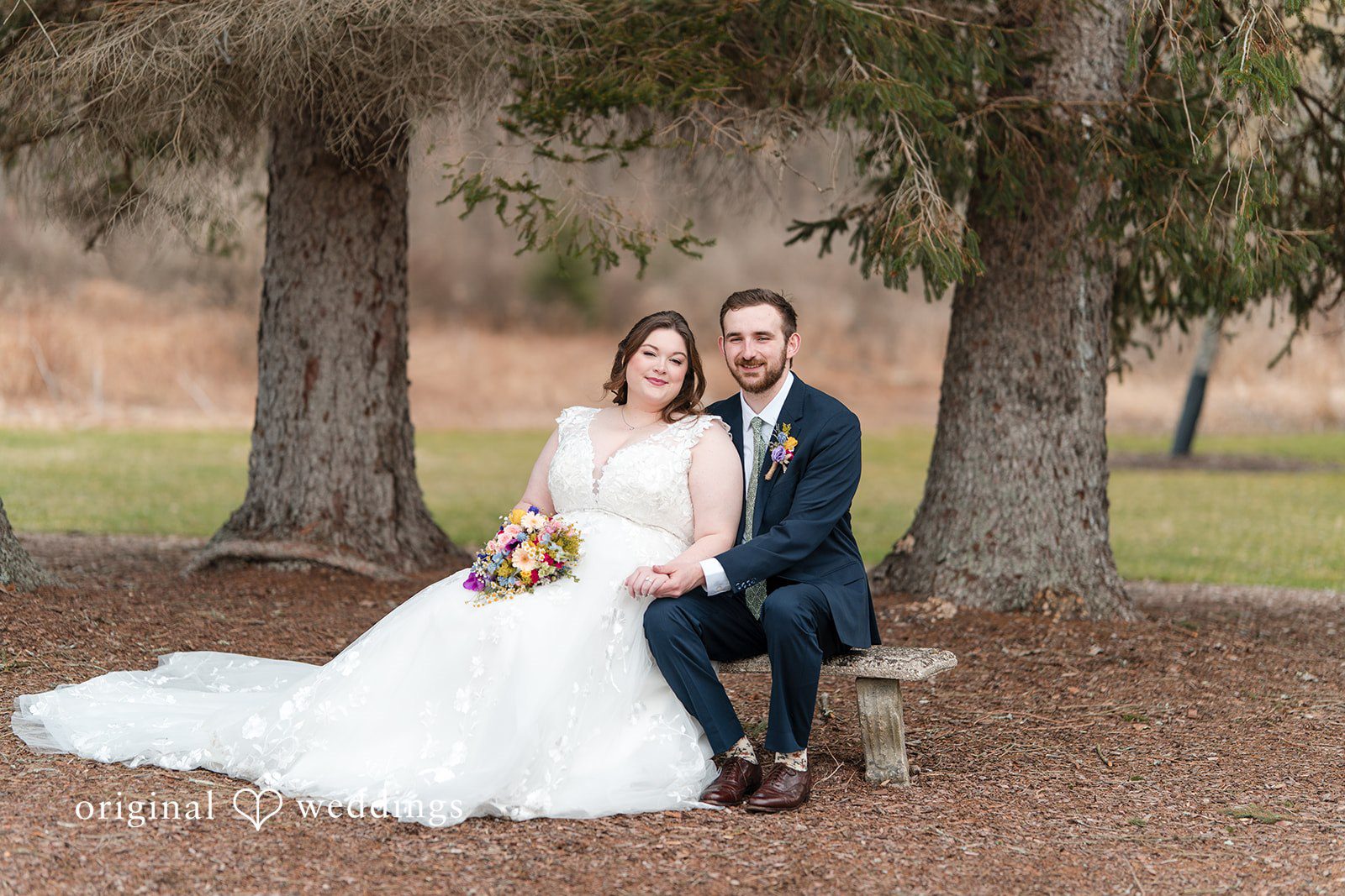 Romantic newlywed portrait under the trees at Perona Farms