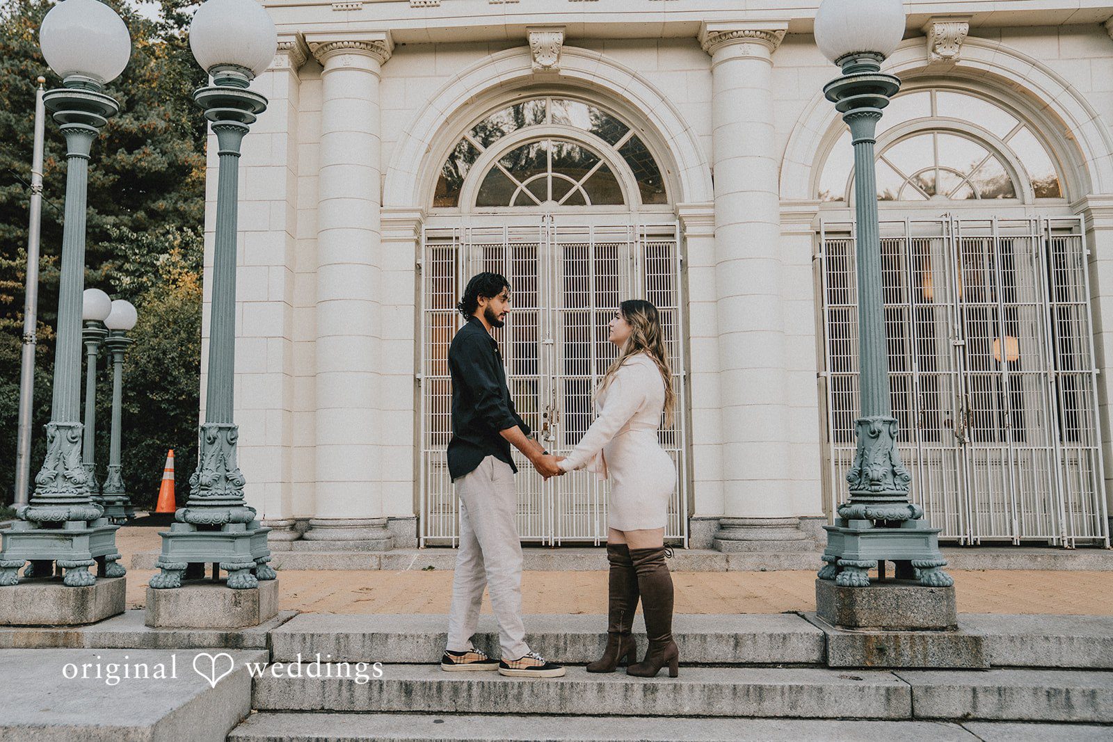 Romantic picture of couple looking at each other at Prospect Park
