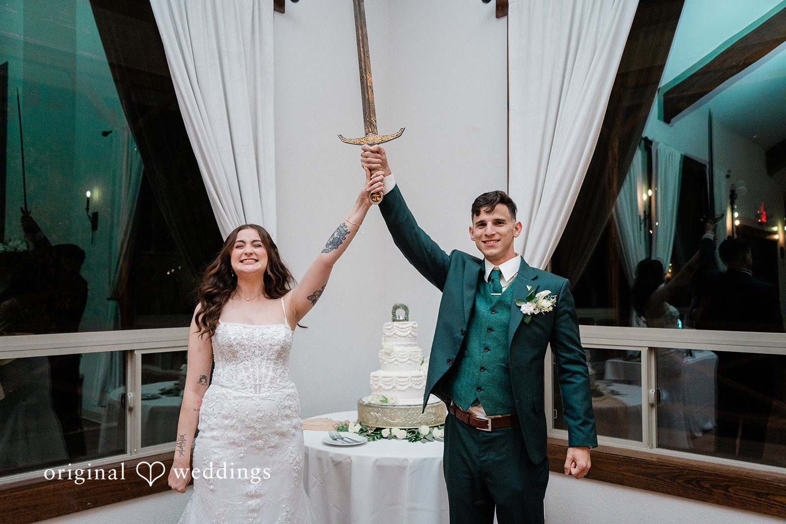 Our San Antonio wedding photographers at Original Weddings captured a joyful portrait of the couple at Scenic Springs wedding reception.