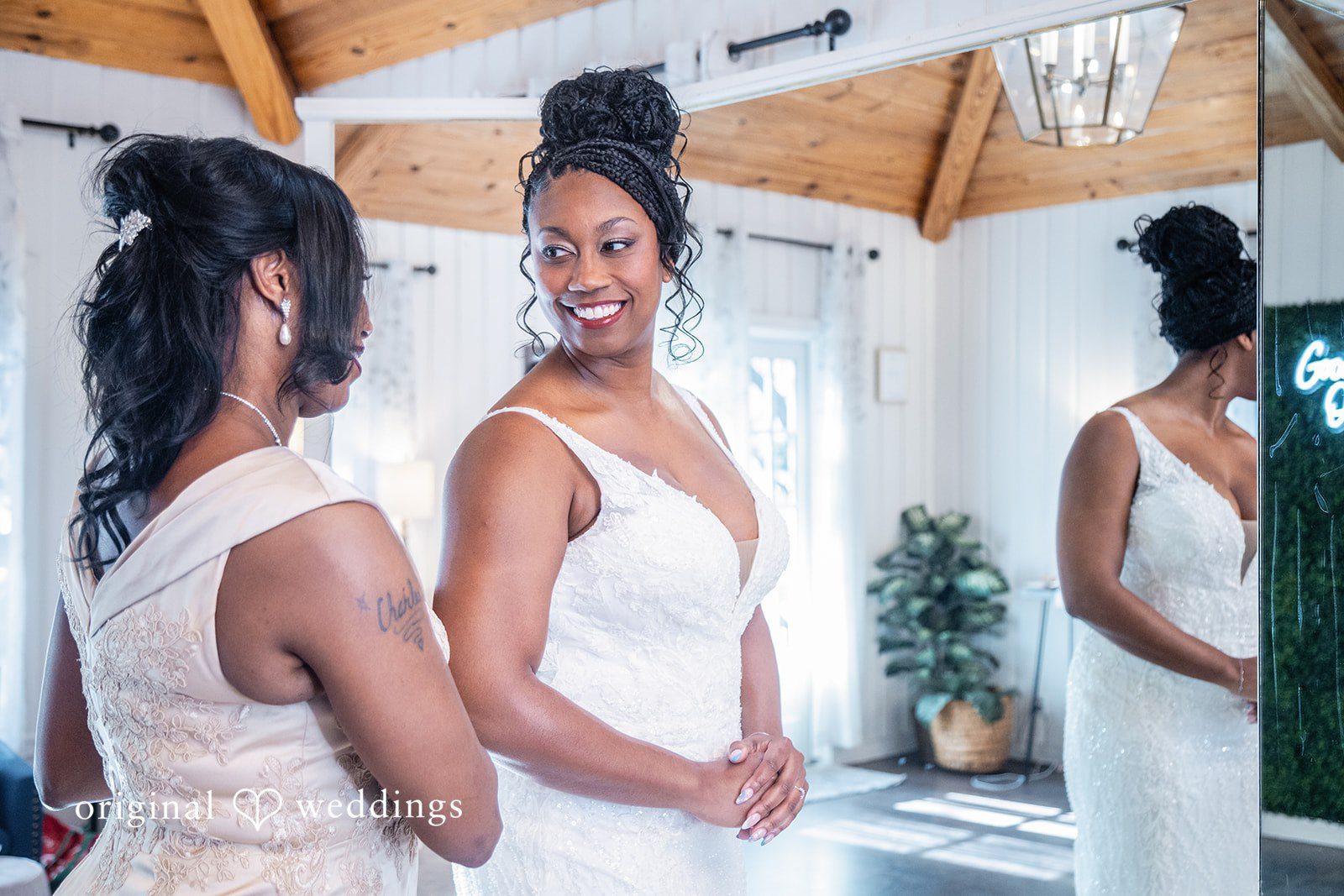 Bride getting ready happily for wedding