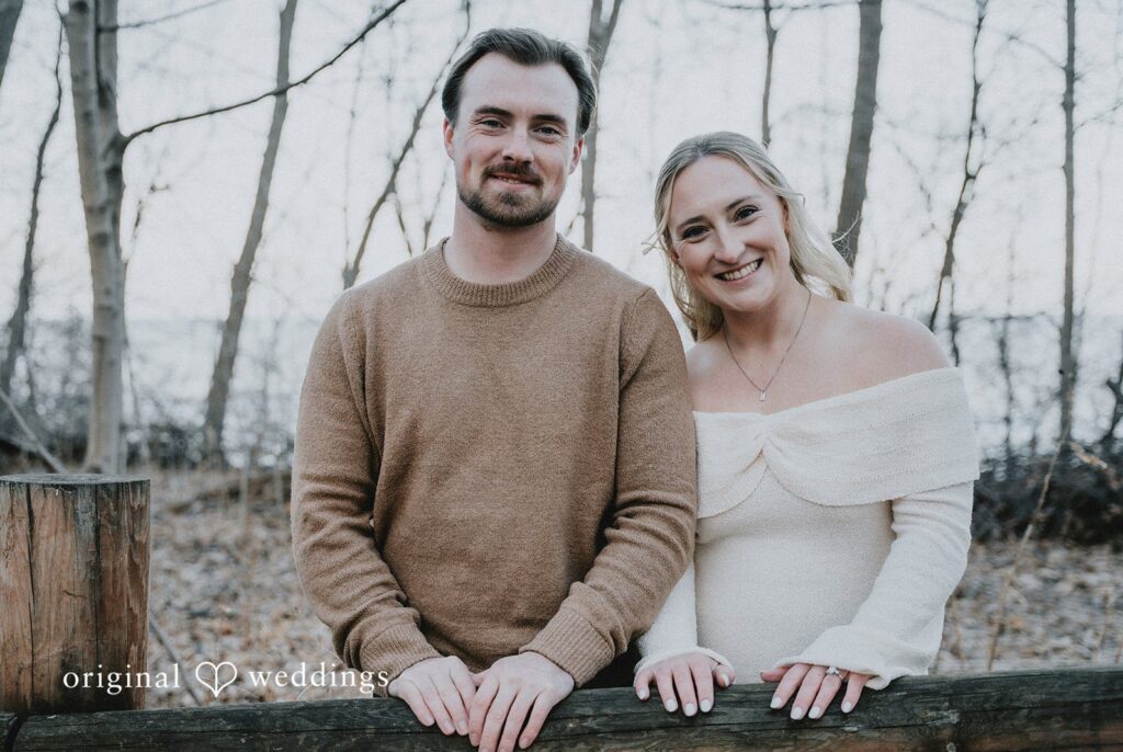 Engagement photography services by Original Weddings capturing close-up of couple at Seven Bridges..