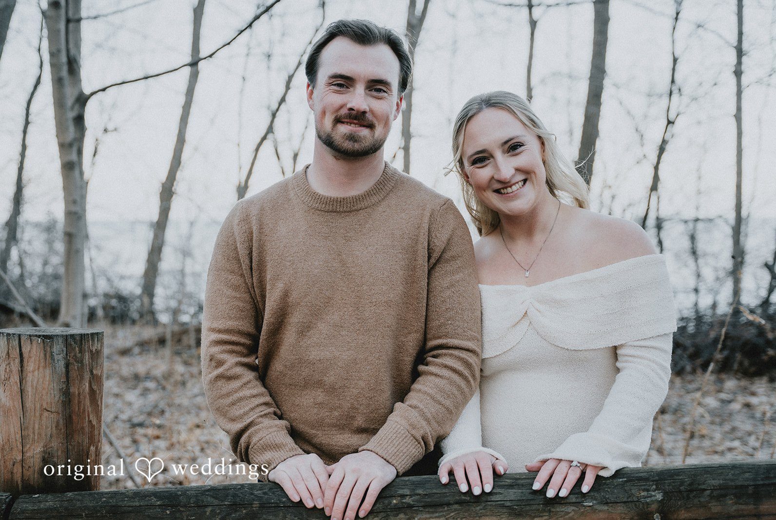 Engagement photography services by Original Weddings capturing close-up of couple at Seven Bridges..