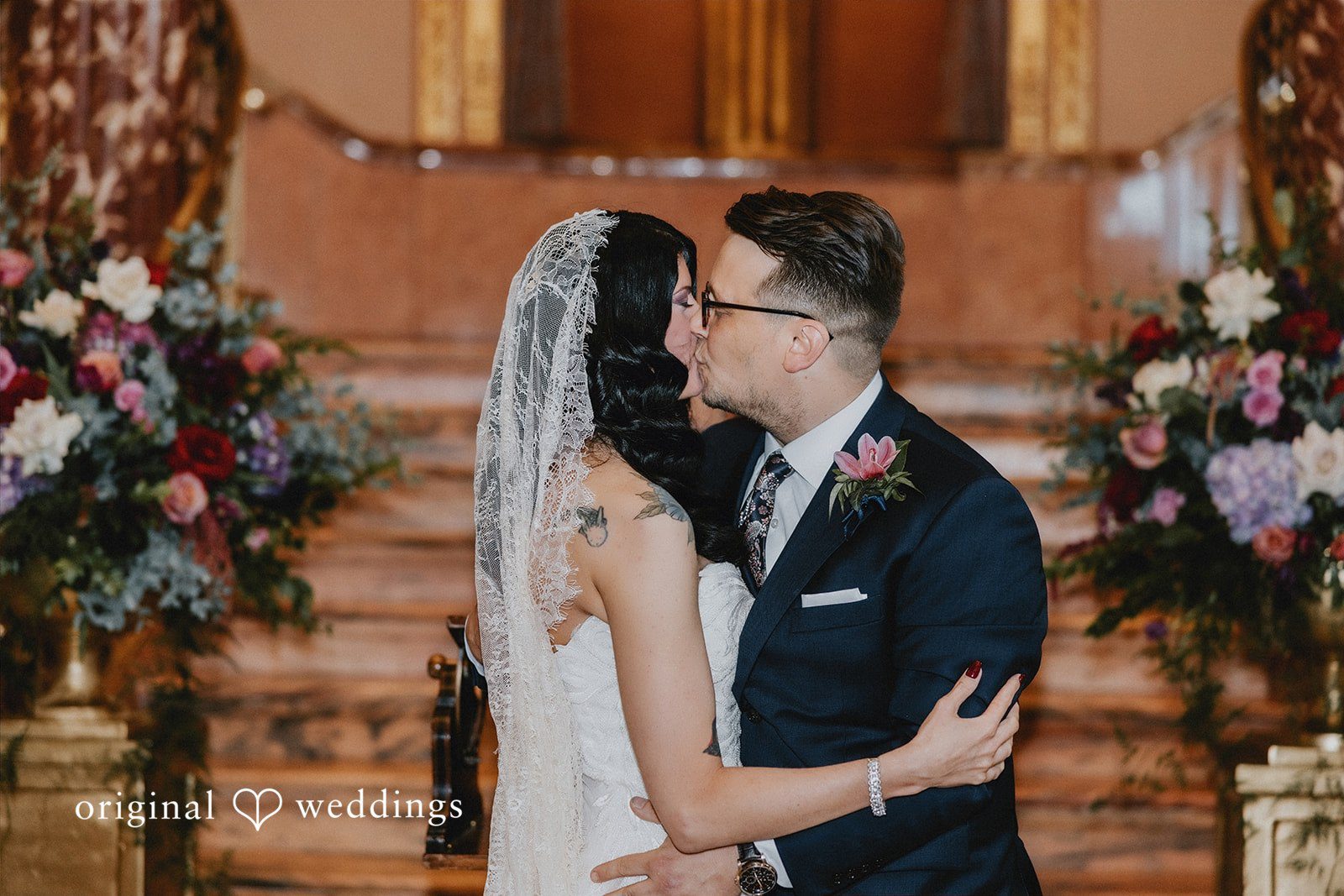 Daniel + Erica Groom sharing the first kiss with the bride after the ceremony