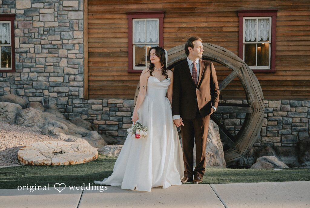 Newlywed couple posing together at Shenandoah Mill Captured by Phoenix Wedding Photographers from Original Weddings
