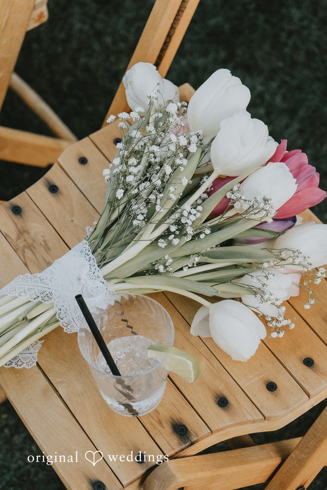 Beautiful bridal bouquet with white and pink tulips