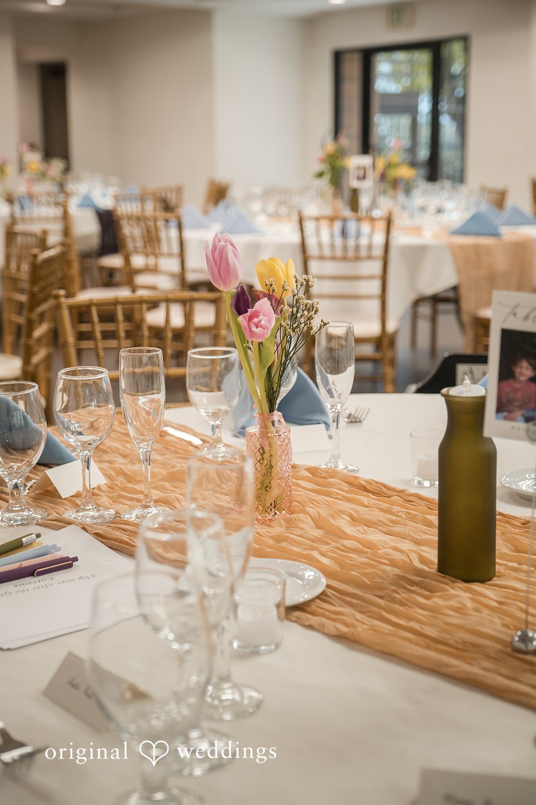 Close-up of reception table decor prepared for wedding guests