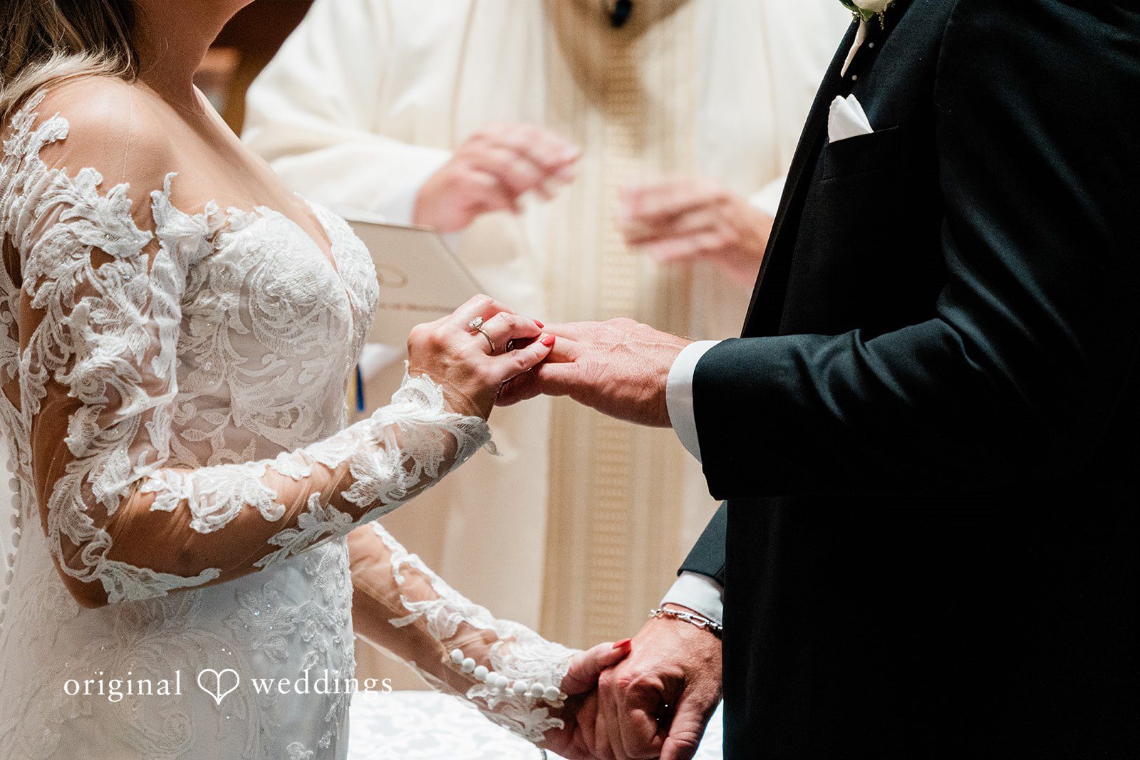 The couple exchanges rings