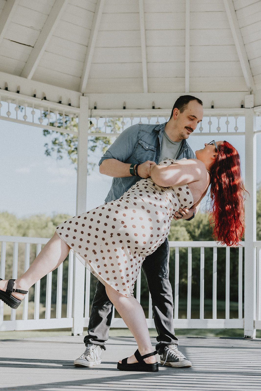 A romantic portrait of the couple at the gazebo in Sun Valley