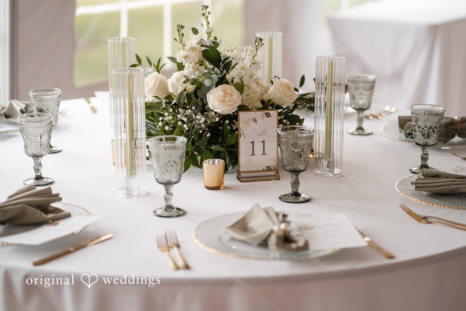 Elegant reception table setup at Swan Harbor Farm