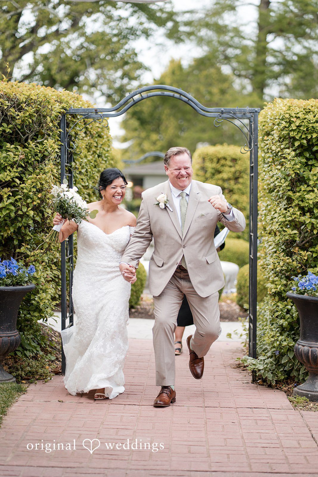 Romantic bride and groom exit moment at Swan Harbor Farm