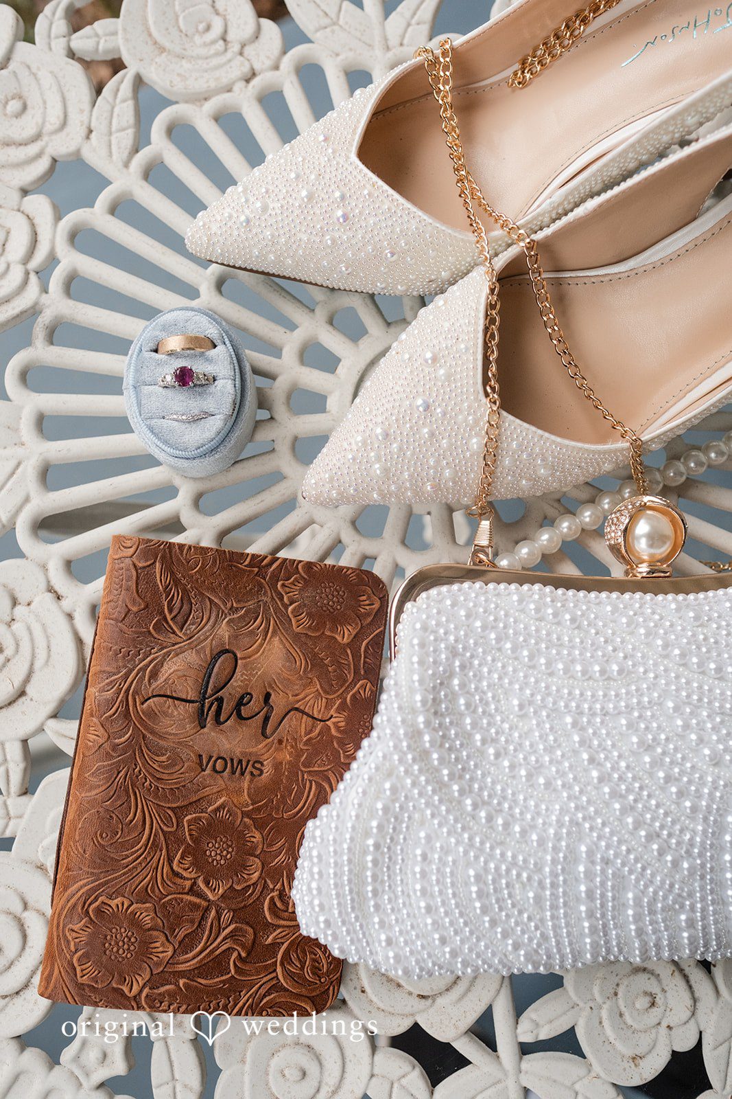 Dana + Daniel Bridal shoes, wedding rings, vow books, and jewelry detail flat lay