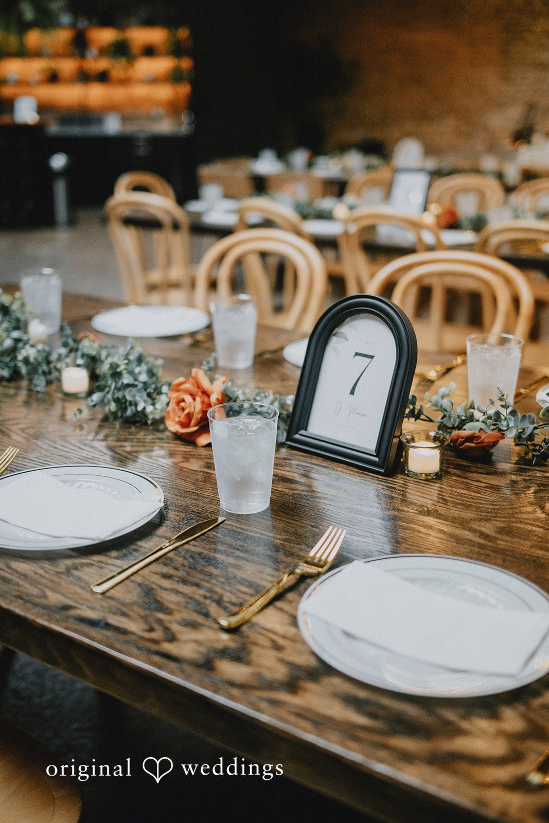 A detail shot of the decorated tables at The Arbory wedding reception