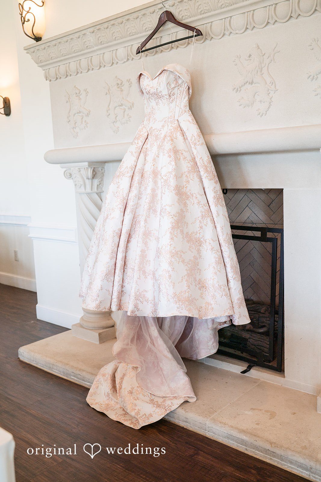 Beautiful bridal dress hanging at The Castle at Rockwall