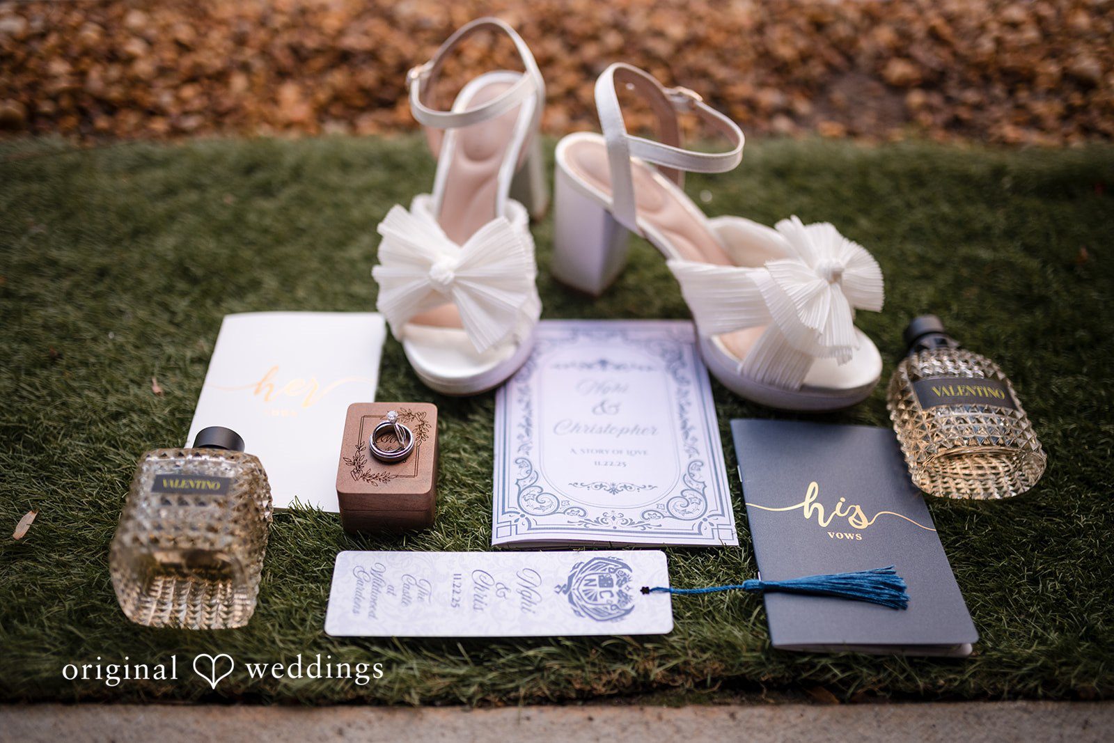 Nghi + Christopher Elegant wedding accessories displayed at The Castle at Wildwood Gardens