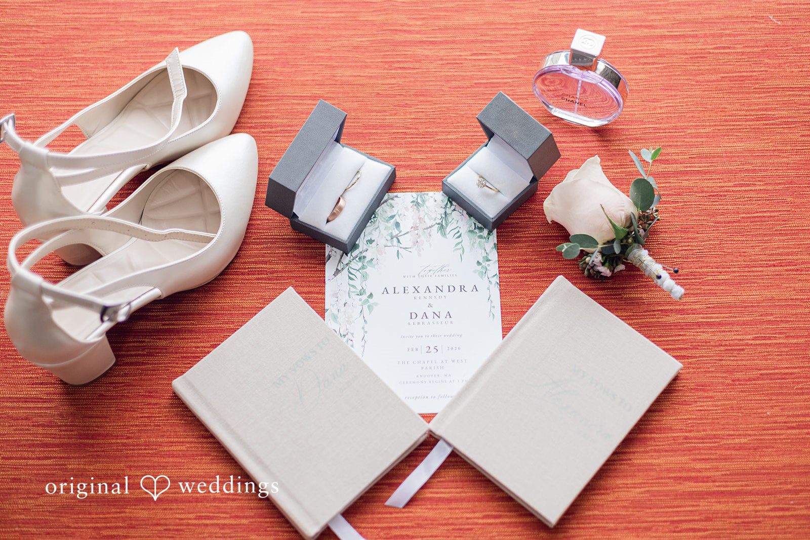 Elegant wedding accessories including rings, bridal shoes and floral boutonniere styled for wedding day
