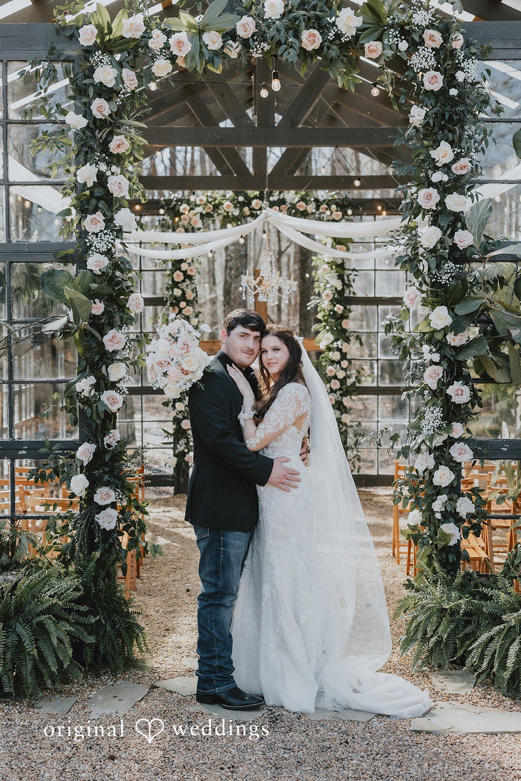 Elegant couple portrait shot at The Glasshouse at Alabama Eden