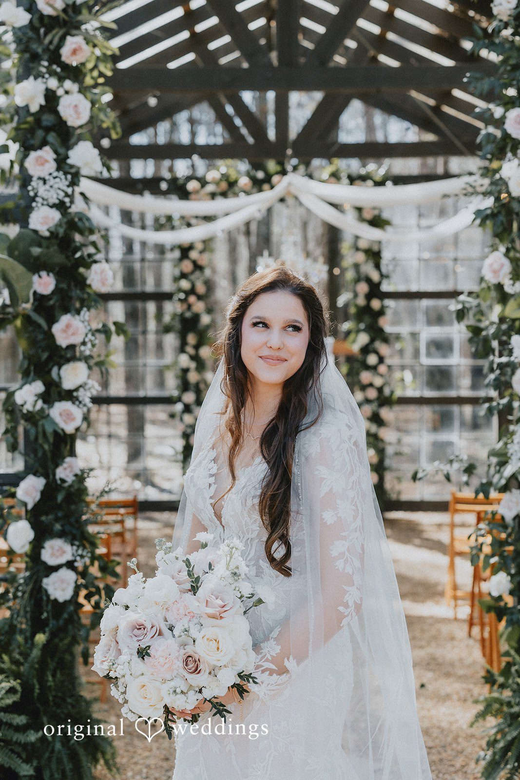 Atlanta Wedding Photographers capturing elegant bridal portrait after getting ready at The Glasshouse at Alabama Eden by Original Weddings
