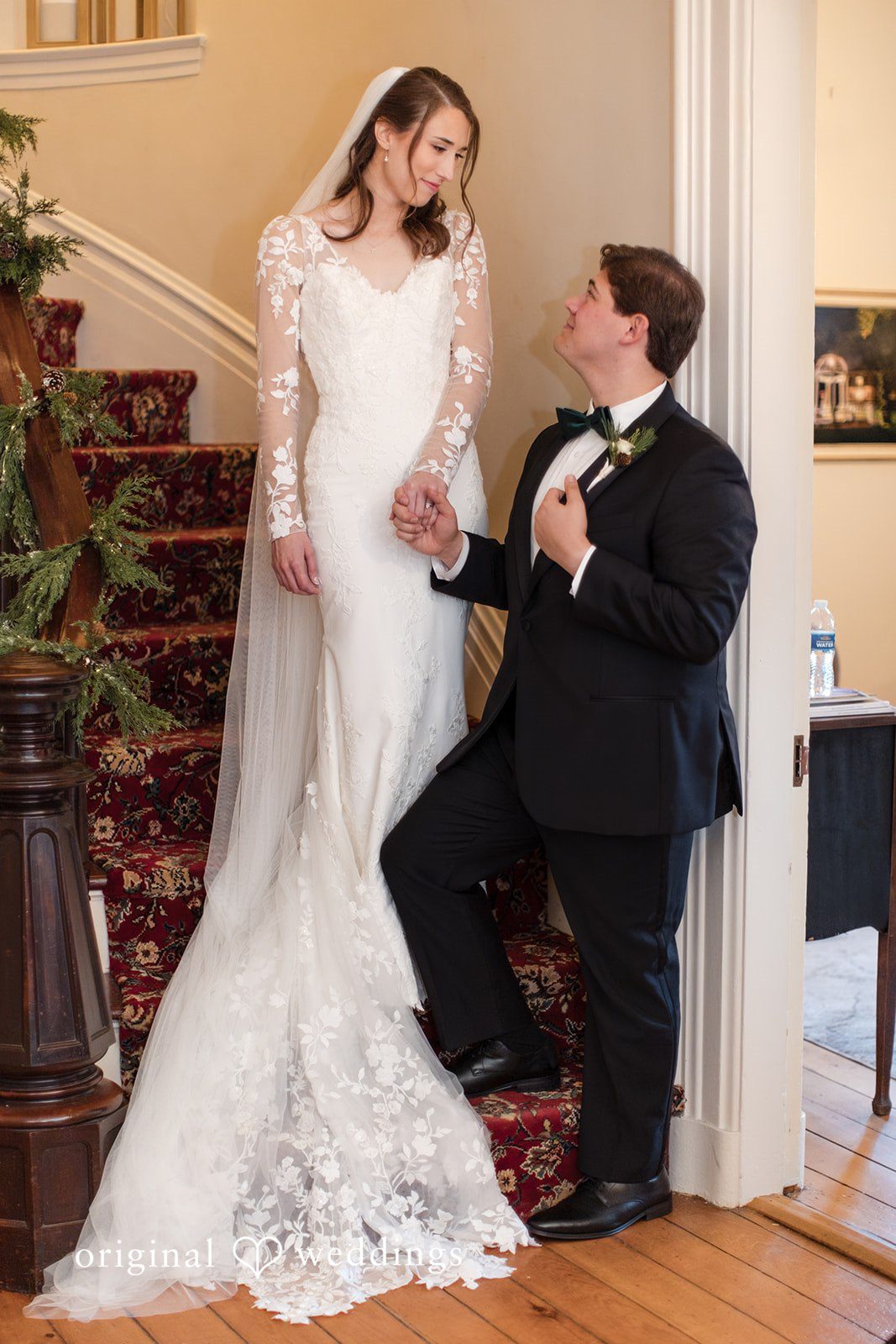 Adam + McKenzie Couple portrait on staircase with romantic pose and natural window light