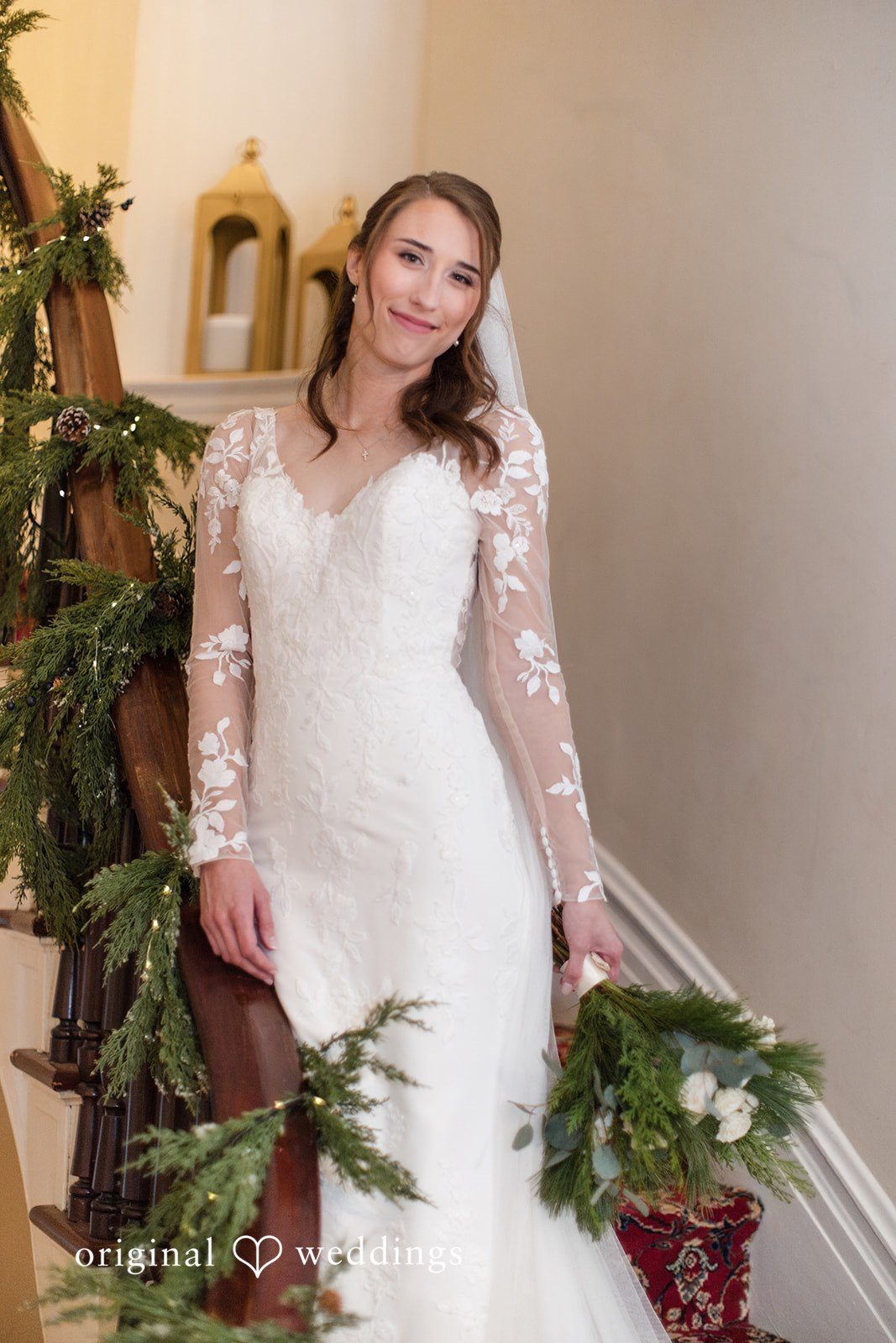 Adam + McKenzie Full length bridal portrait with bouquet in an elegant indoor setting