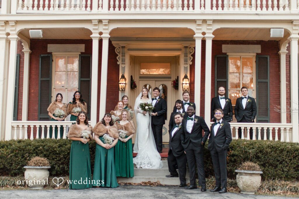 Adam + McKenzie Bridesmaids gathering indoors wearing coordinated green dresses