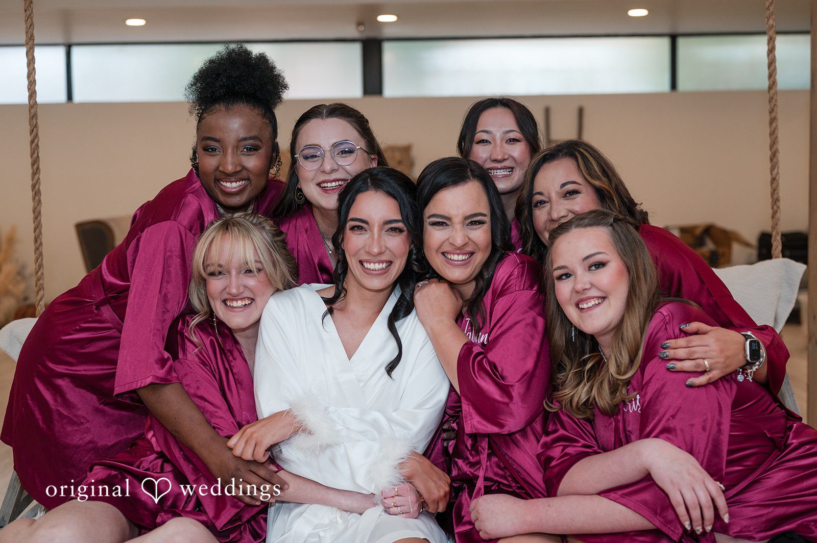 Beautiful before getting-ready bride with bridesmaids shot at The Oaks