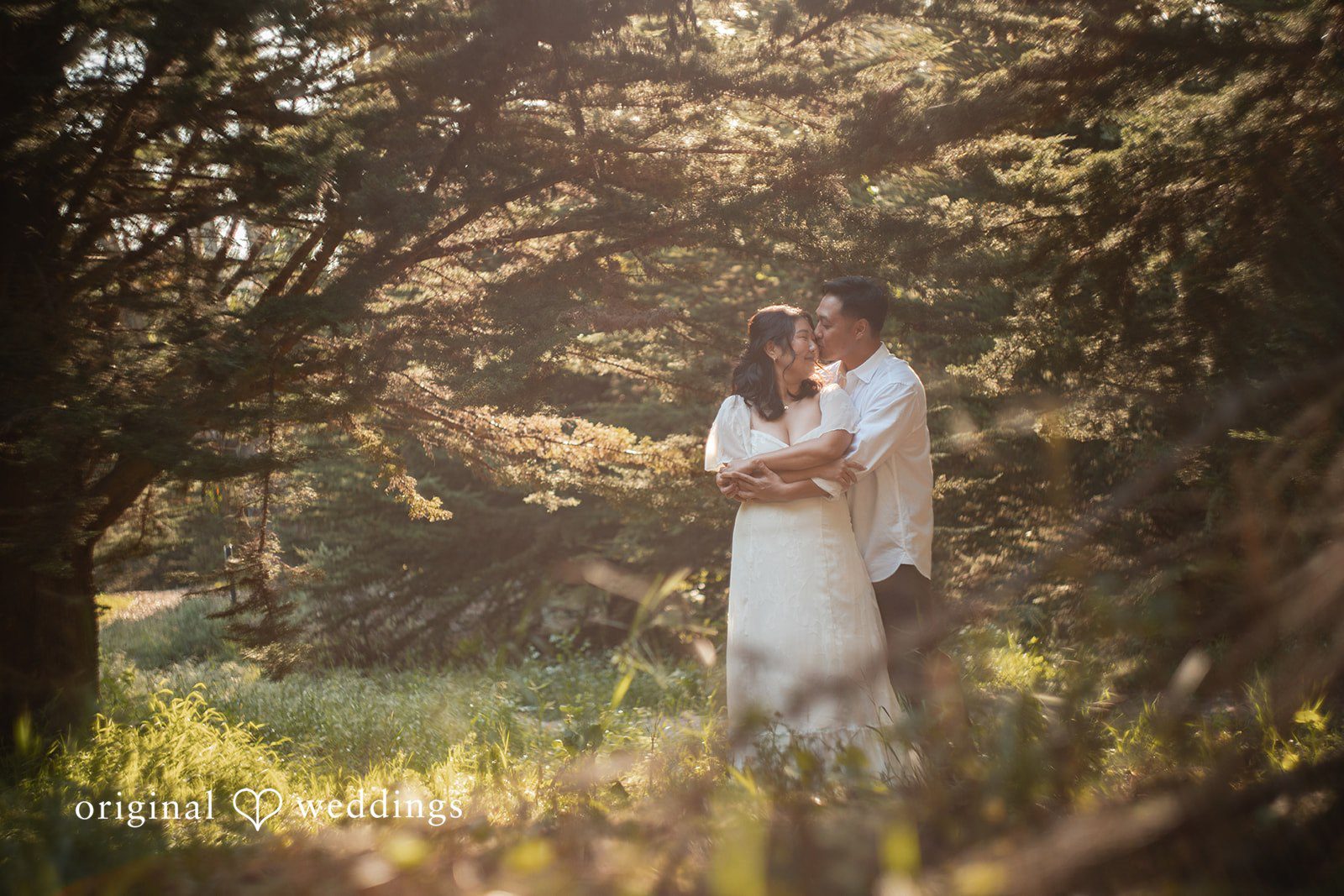 San Francisco Engagement Photography by Original Weddings capturing an intimate moment with soft lighting and beautiful background at The Presidio.