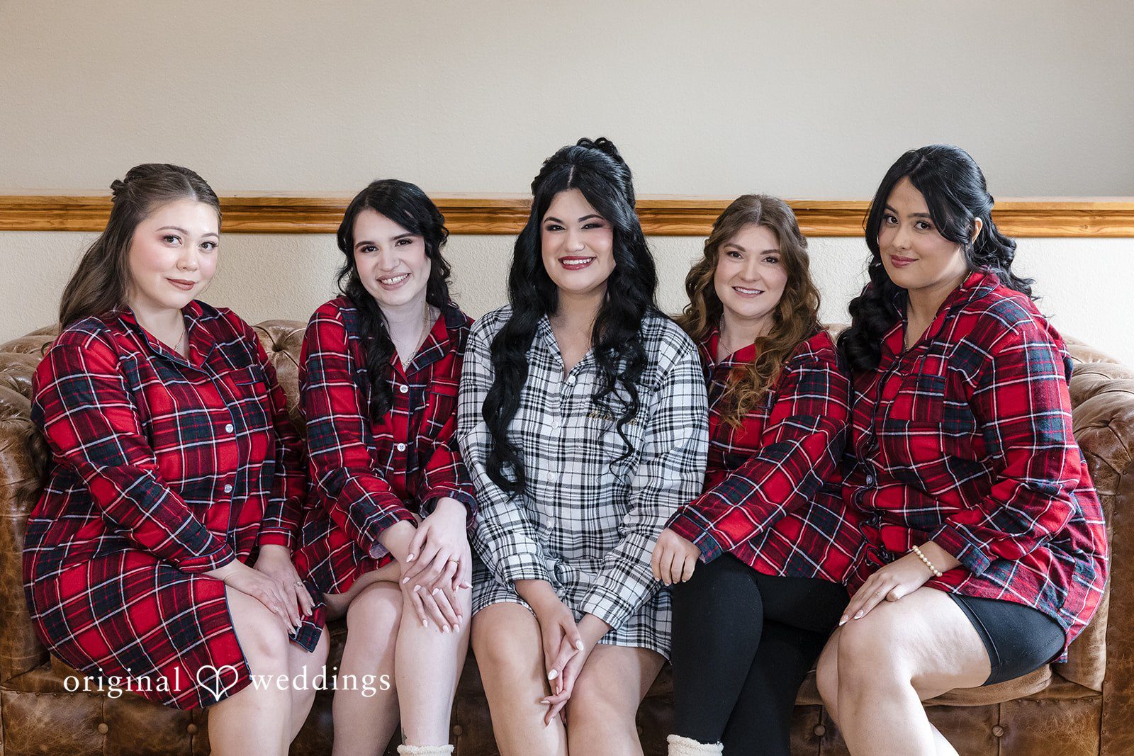 Bridesmaids in matching plaid pajamas