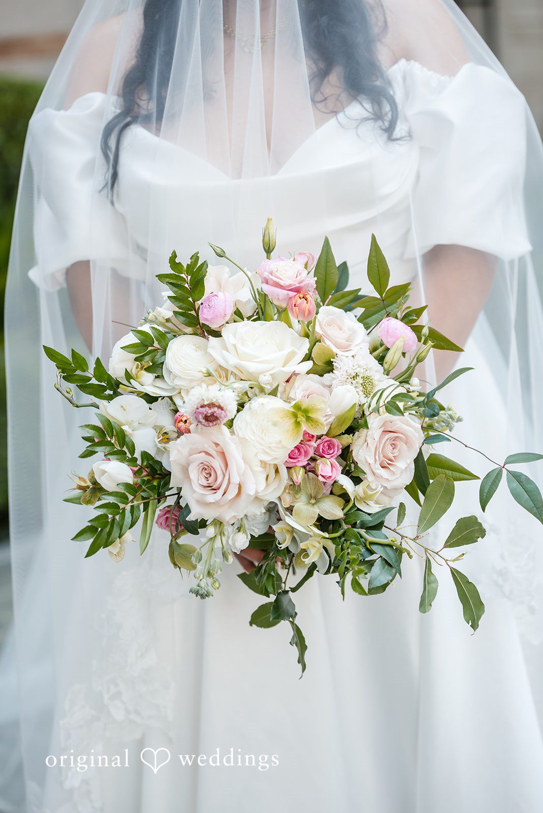Paola + Jeremy Bridal bouquet detail shot with soft floral tones