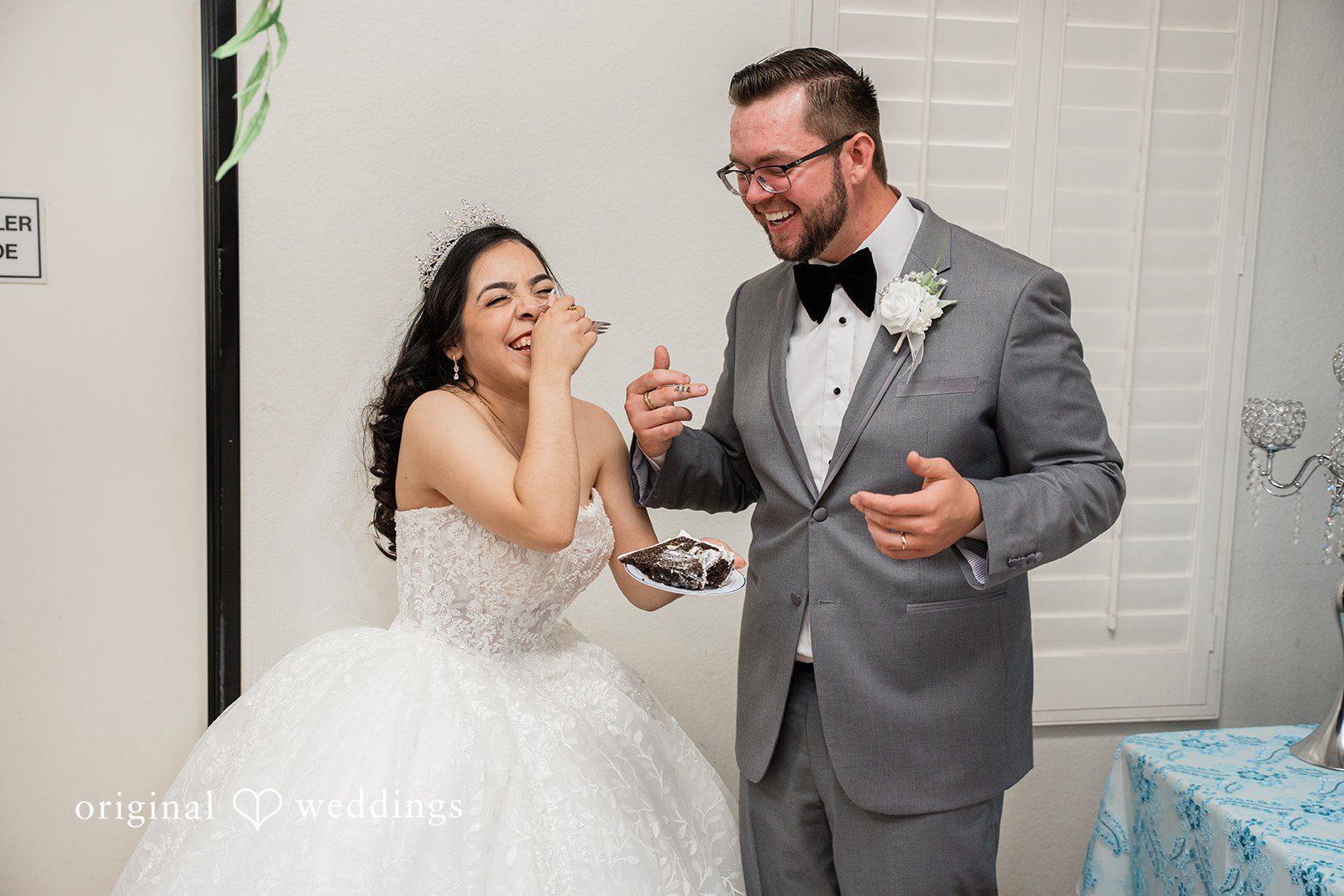 Bride and groom laughing together