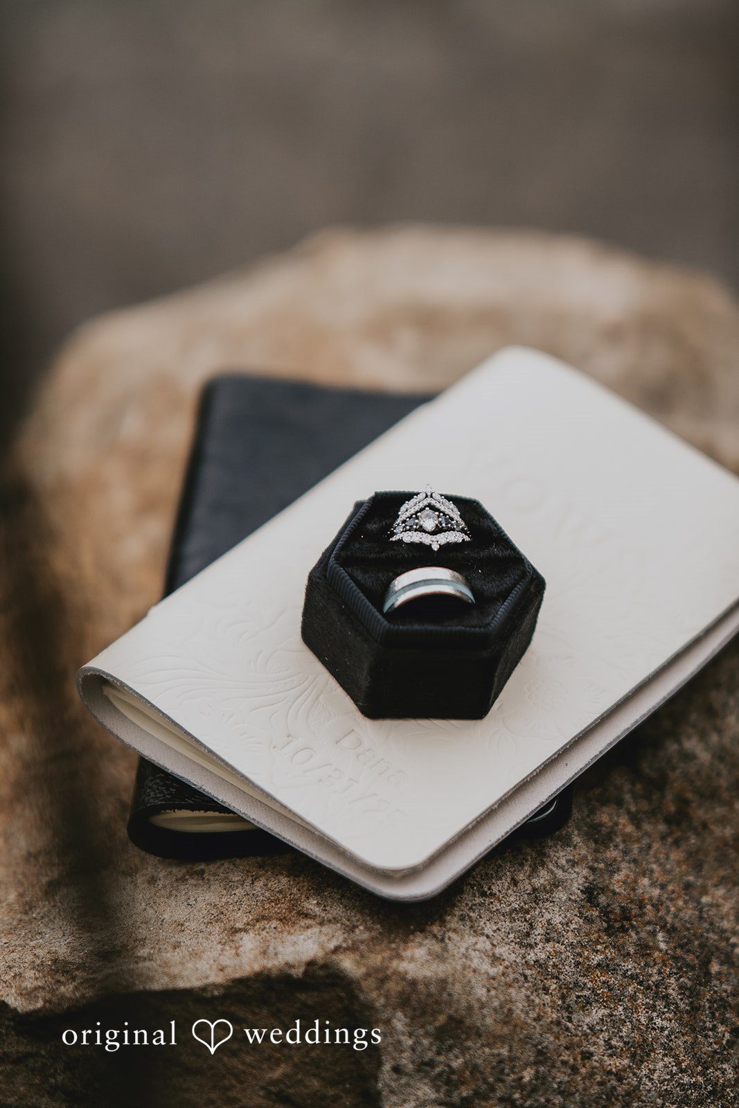 Close-up of wedding rings at West Hills Country Club