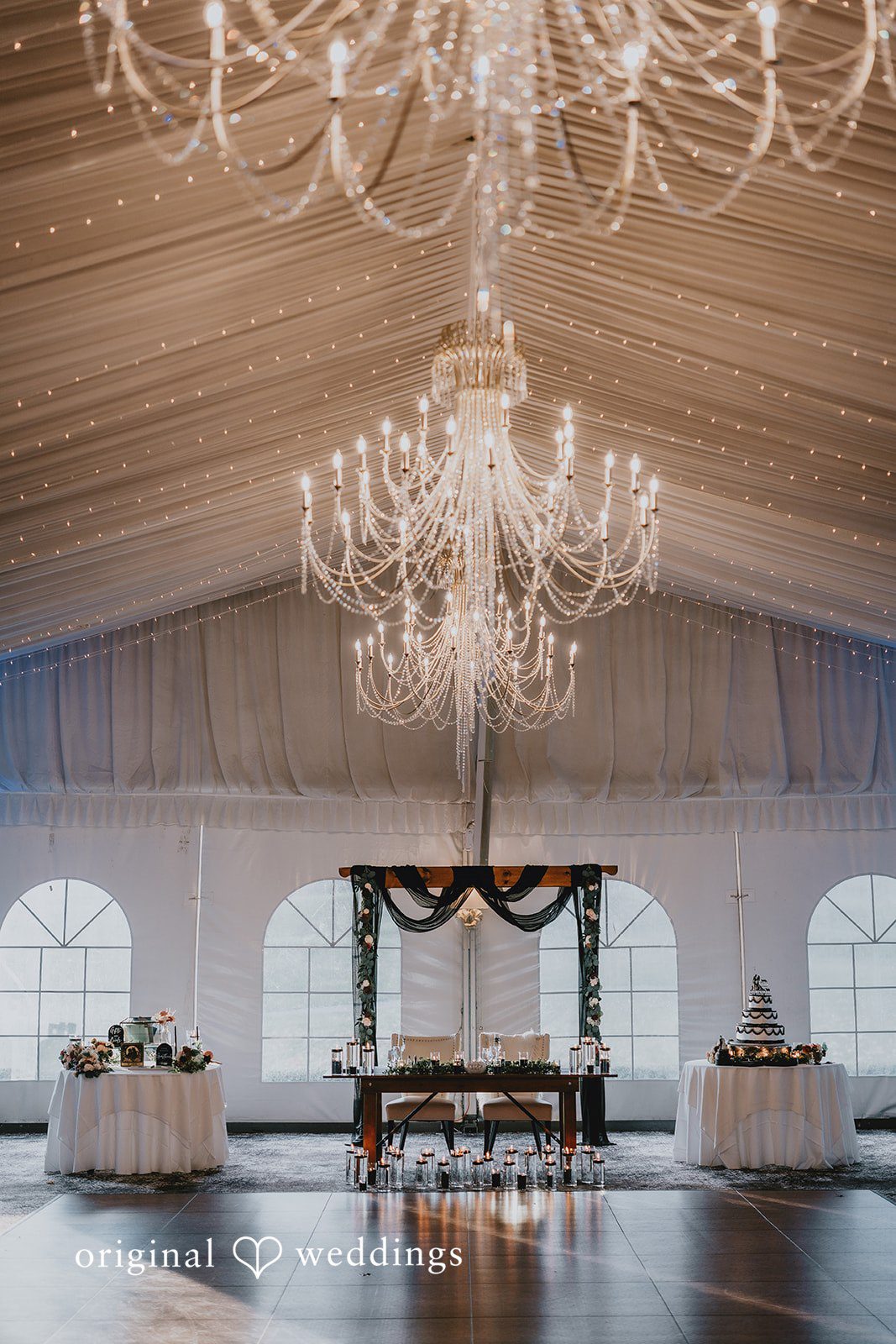 Romantic indoor venue decor at West Hills Country Club