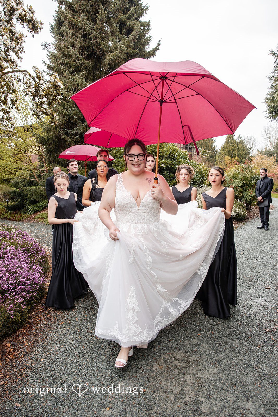 Stylish bridal group walking formation at Willows Lodge