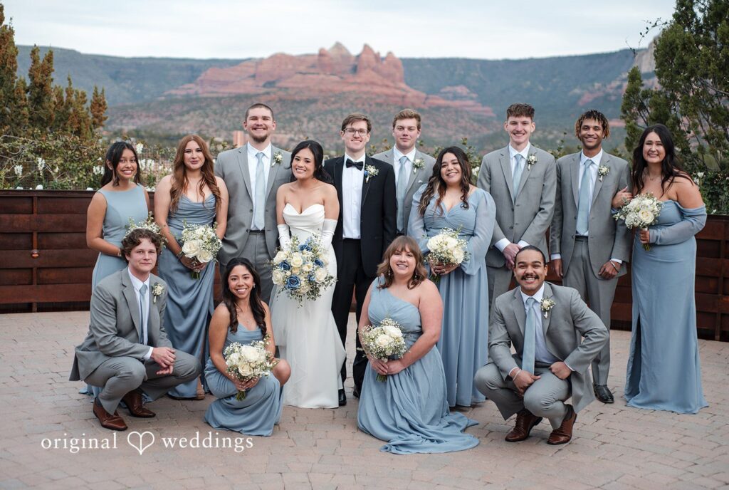 Phoenix Wedding Photographers capturing wedding party group photo at Agave of Sedona by Original Weddings