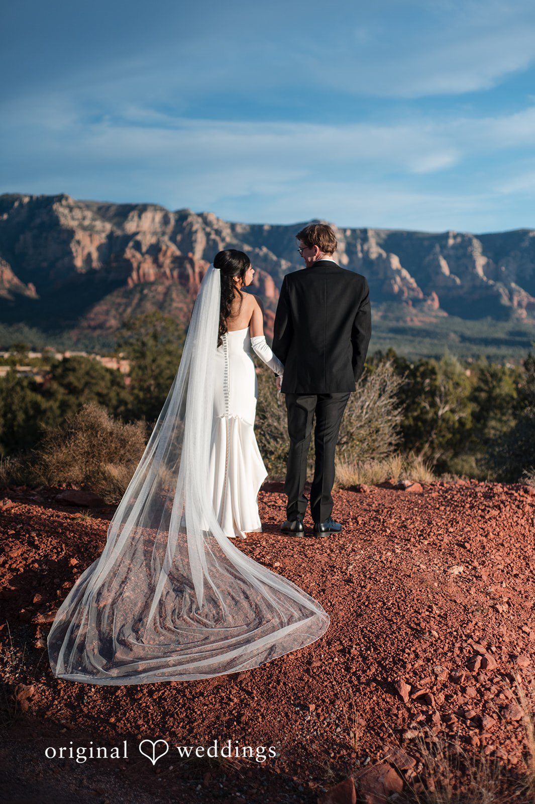 Beautiful wedding day back pose of couple at Agave of Sedona