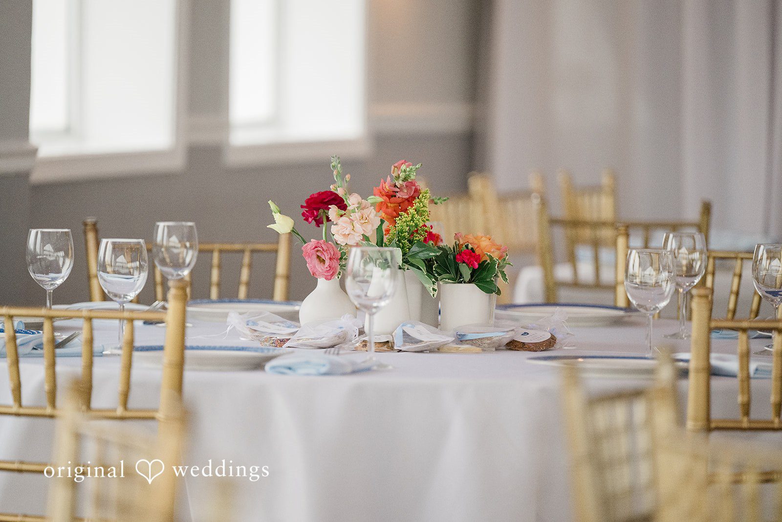 Close up shot of wedding table decorated with flowers at Anchor Inn