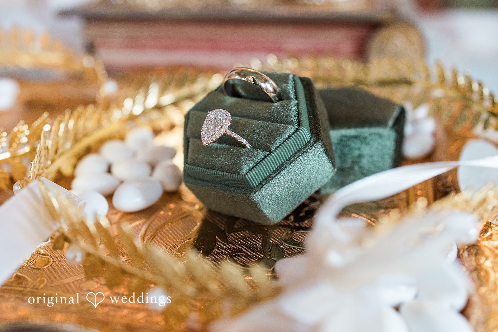 Zaina + Nick Elegant close-up of wedding rings at Annunciation Greek Orthodox Church