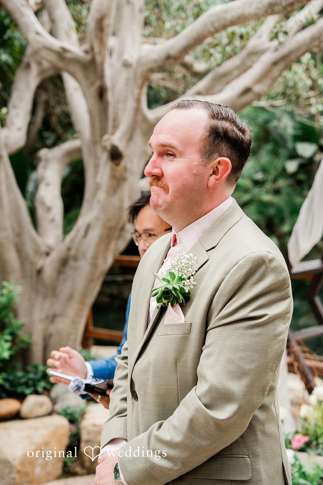 Mae + Nicholas San Diego wedding photography from Original Weddings capturing the emotional groom portrait during the ceremony at Botanica
