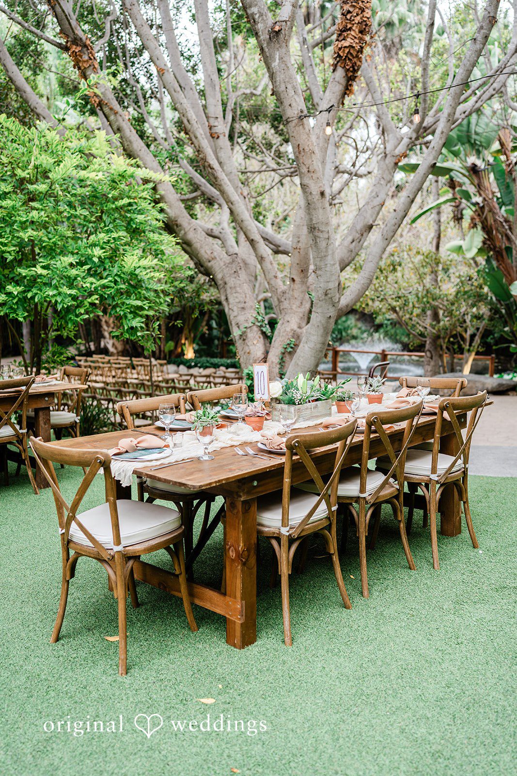 Mae + Nicholas Reception table setup at Botanica with rustic wooden chairs and elegant décor.