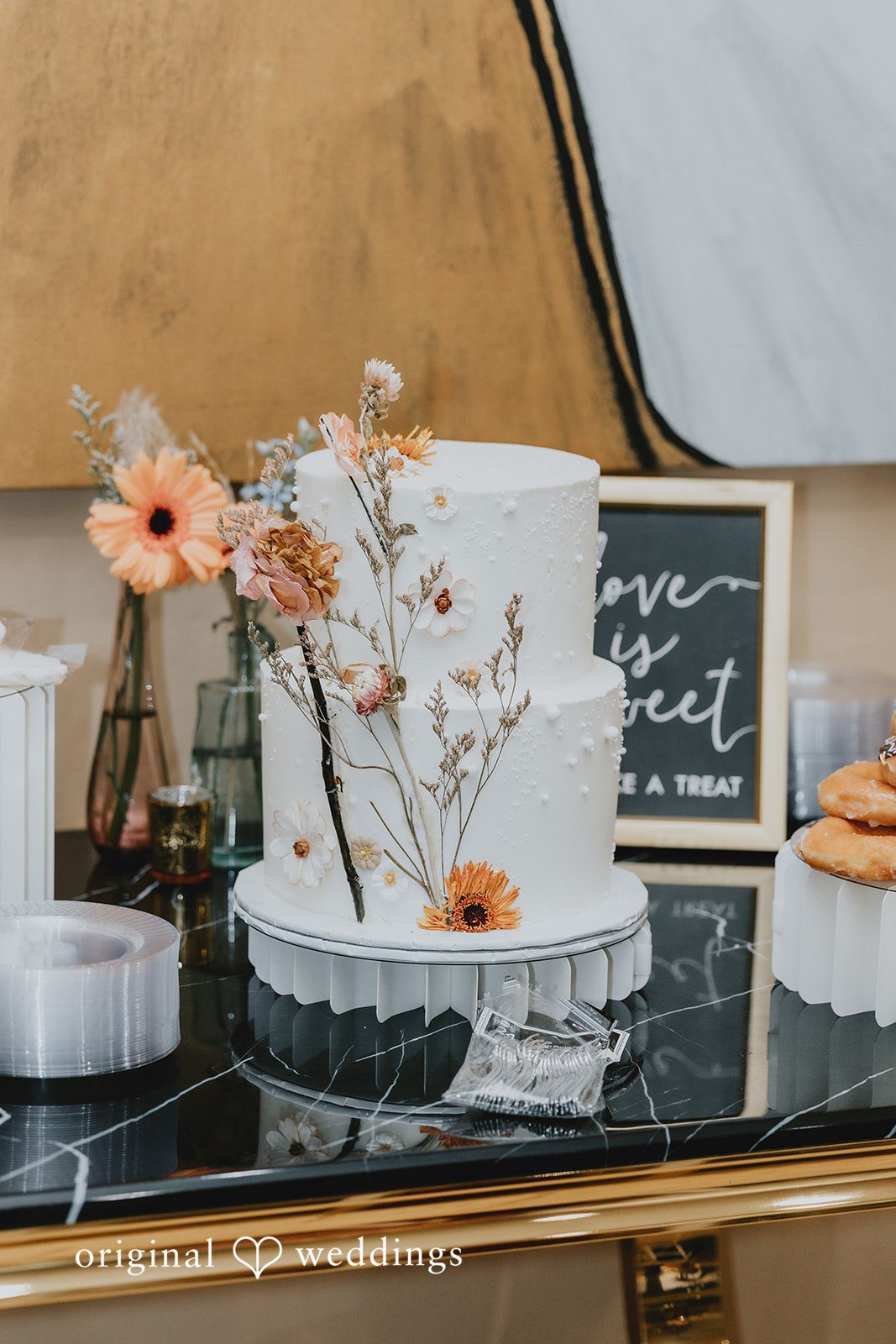 Beautiful wedding cake decorated with flowers