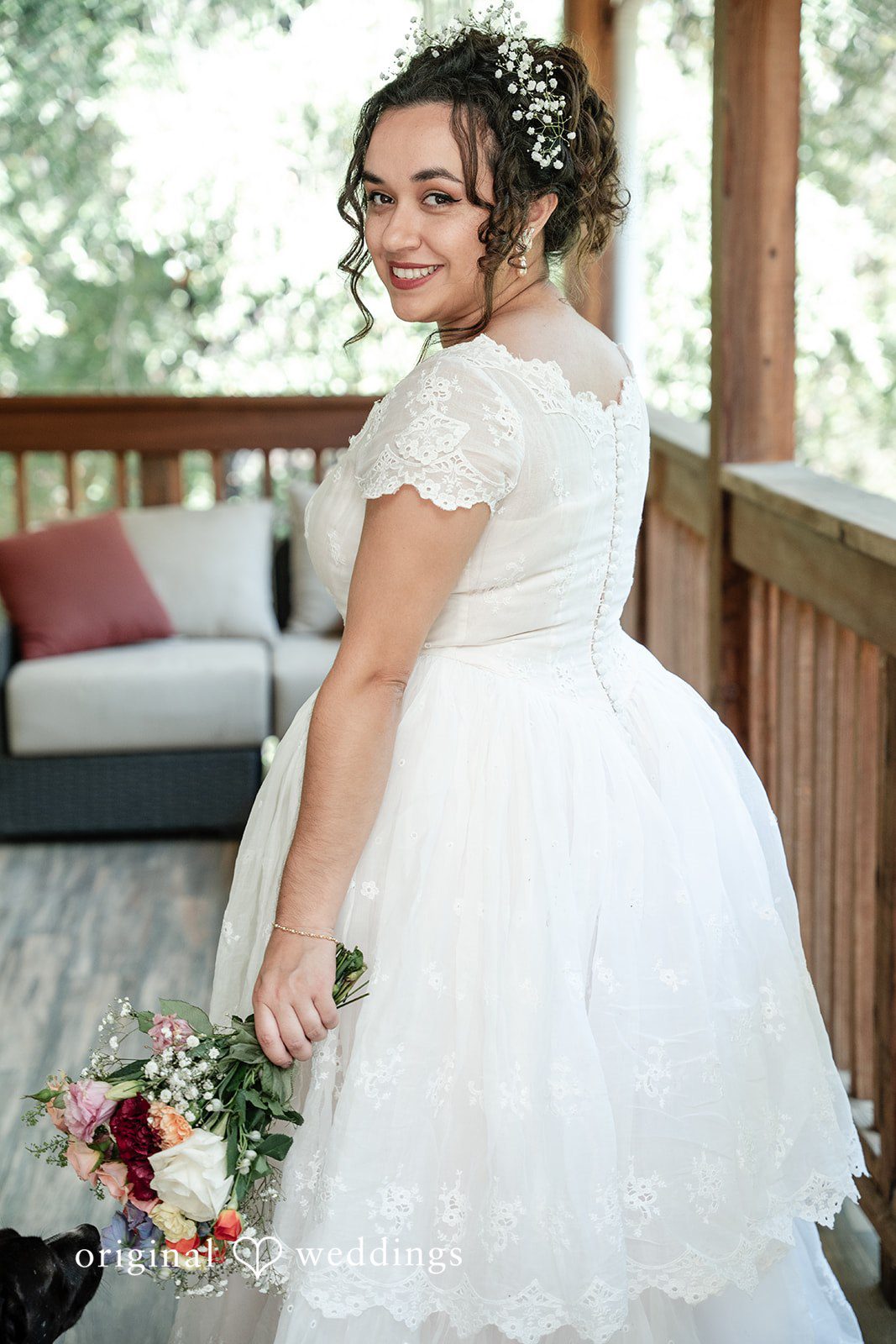 Keely + Sam Lovely back pose of bride at Camp Bartlett