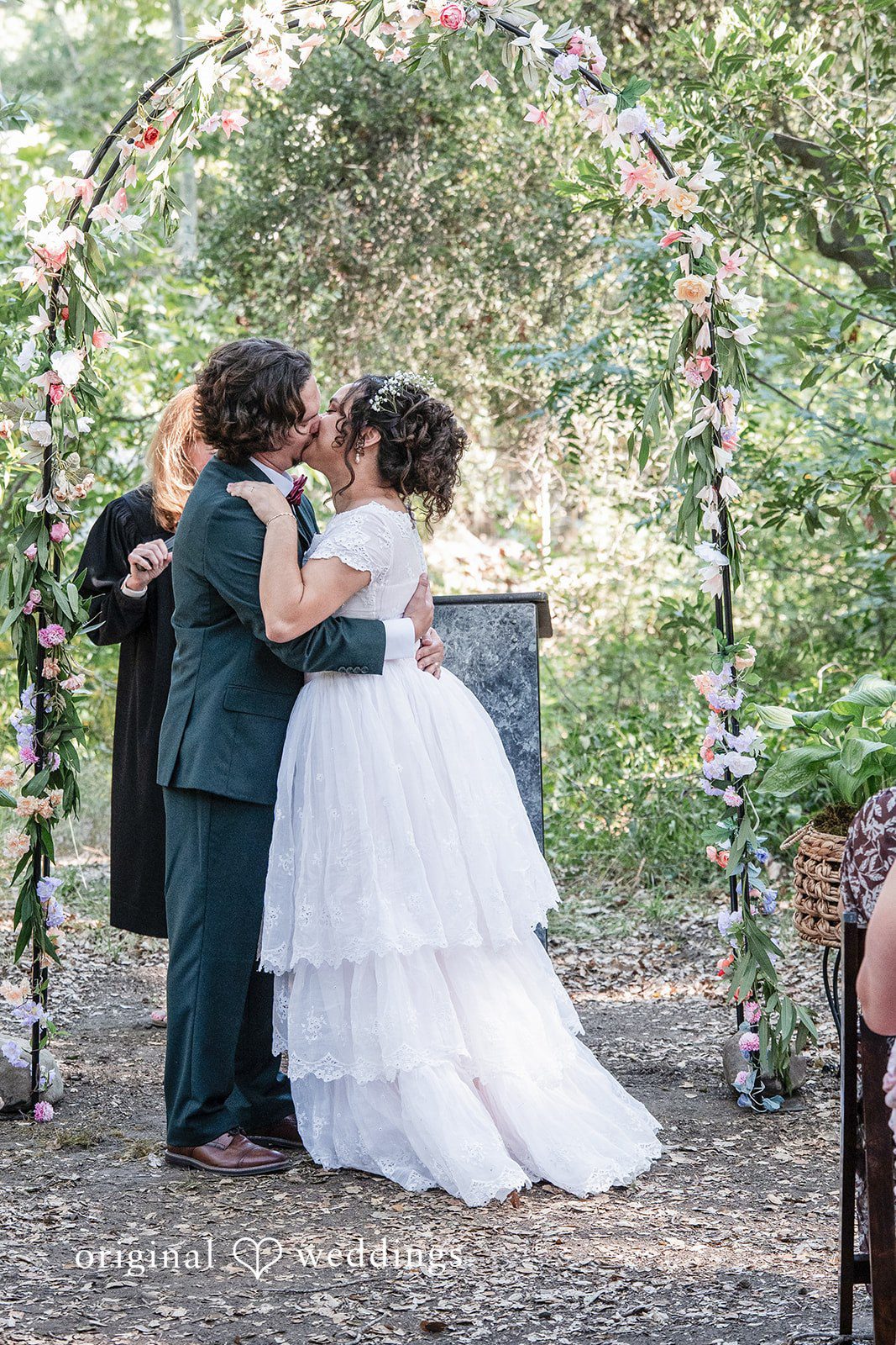 Keely + Sam Los Angeles wedding photography by Original Weddings capturing the romantic kiss moment of couple at Camp Bartlett